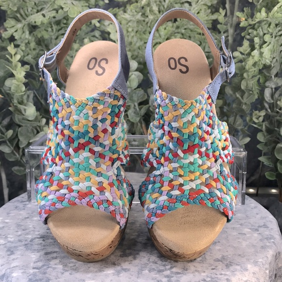 SO Taffy Multi Macramé Open Toe 4” Corkbottom Wedge Heels WMS 5.5M🌟Like NEW🌟 - Picture 2 of 11